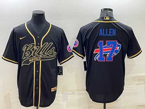 Men%27s Buffalo Bills #17 Josh Allen Black Gold Team Big Logo With Patch Cool Base Stitched Baseball Jersey